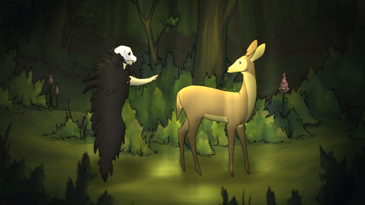 Image depicting film 'The Life of Death' portraying death with a deer in the forest using animation.